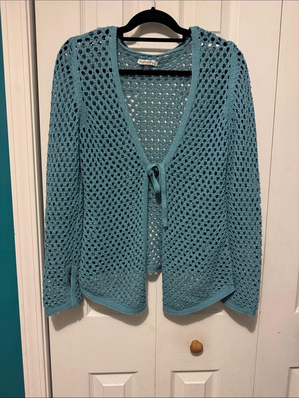 American Eagle Outfitters Teal Open-Knit Tie-Front Cardigan